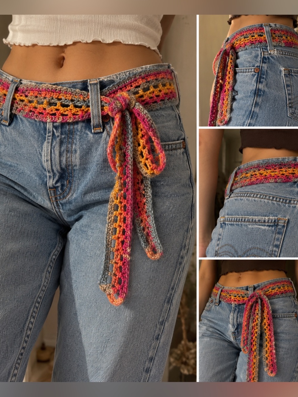 Ombré , orange, pink, blue, handmade Crochet Belt